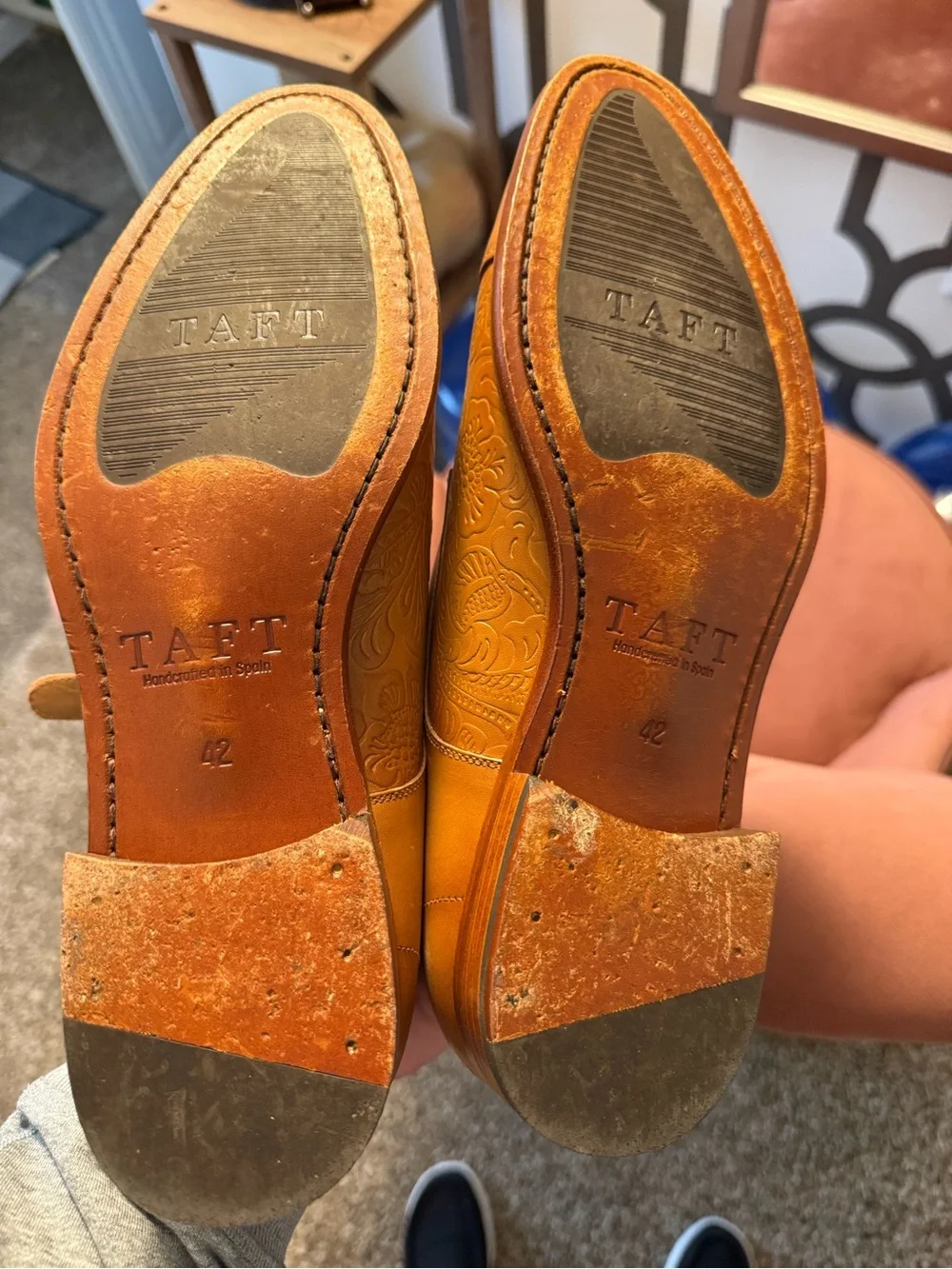 Taft Tan Leather Double Monk Strap Loafers with Embossed Detailing - Picture 3 of 5